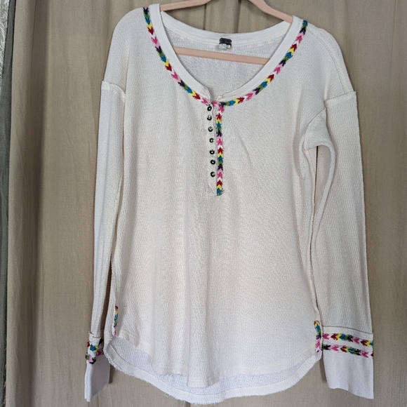 We the Free Rainbow Embroidery Henley Long Sleeve Thermal Knit Long Sleeve Shirt - Picture 2 of 10